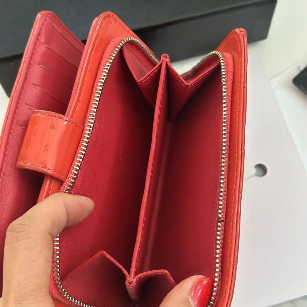 CHANEL Red Patent Quilted Leather Snap Wallet